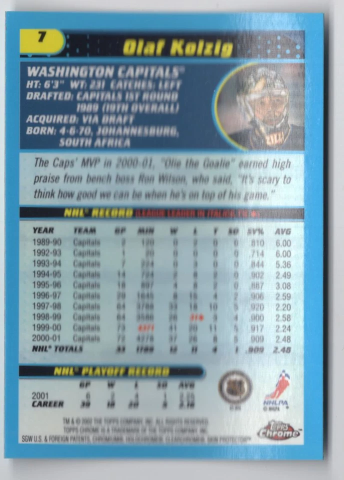 2001-02 Topps Chrome Olaf Kolzig Washington Capitals #7 - Image 2 of 2
