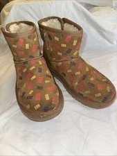UGG JONA CONFETTI LOGO MINI BOOTS -CHESTNUT SUEDE -UGGPURE LINED -BIG KIDS US 3