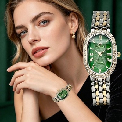 GREALY Luxury Women's Watch Oval Roman Dial Crystal Accent Quartz Dress Watch