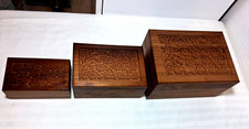 SET OF 3 NESTING CARVED WOOD BOXES URNS FOR JEWELRY PET CREMATION REMAINS