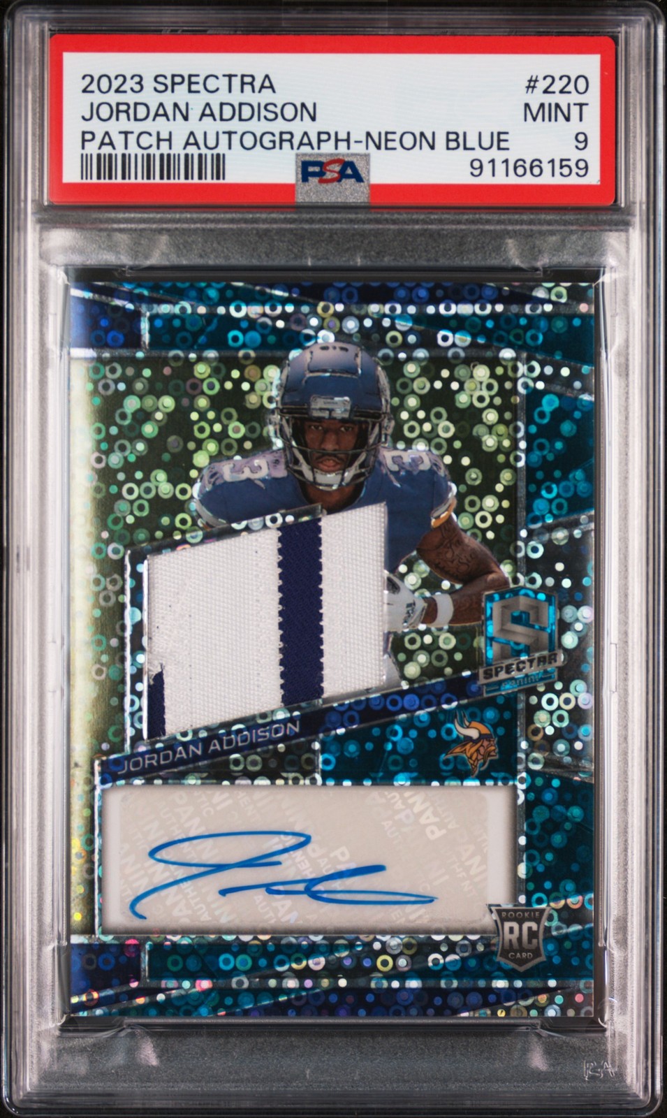 2023 PANINI SPECTRA PATCH AUTO-NEON BLUE #220 JORDAN ADDISON 13/50 PSA 9