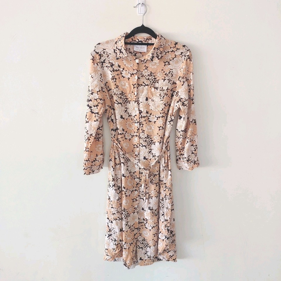 Iris Maxi Shirt Dress Size 12 Pockets Belt Light Pink & Beige Floral Print Cute