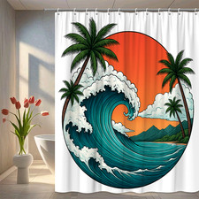 Ocean Wave Shower Curtain with Palm Trees and Sunset Design