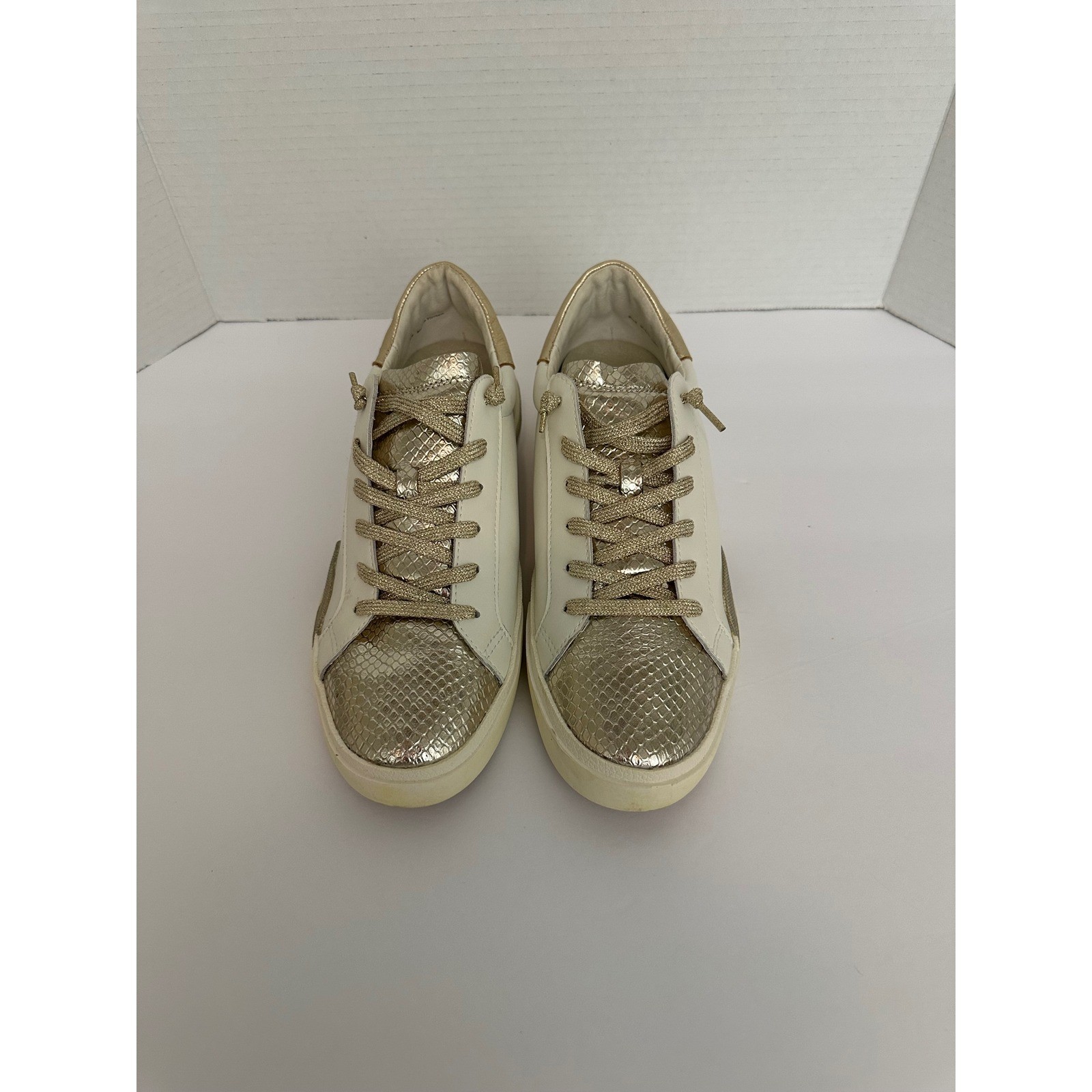 Women's White Gold Snake Print Leather Lace Up Sneakers Casual Fashion Shoes