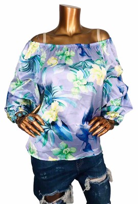 Lizzie Blue L Top NWT Floral Print Off Shoulder Blouse 3/4 Slvs Silky Look Shirt