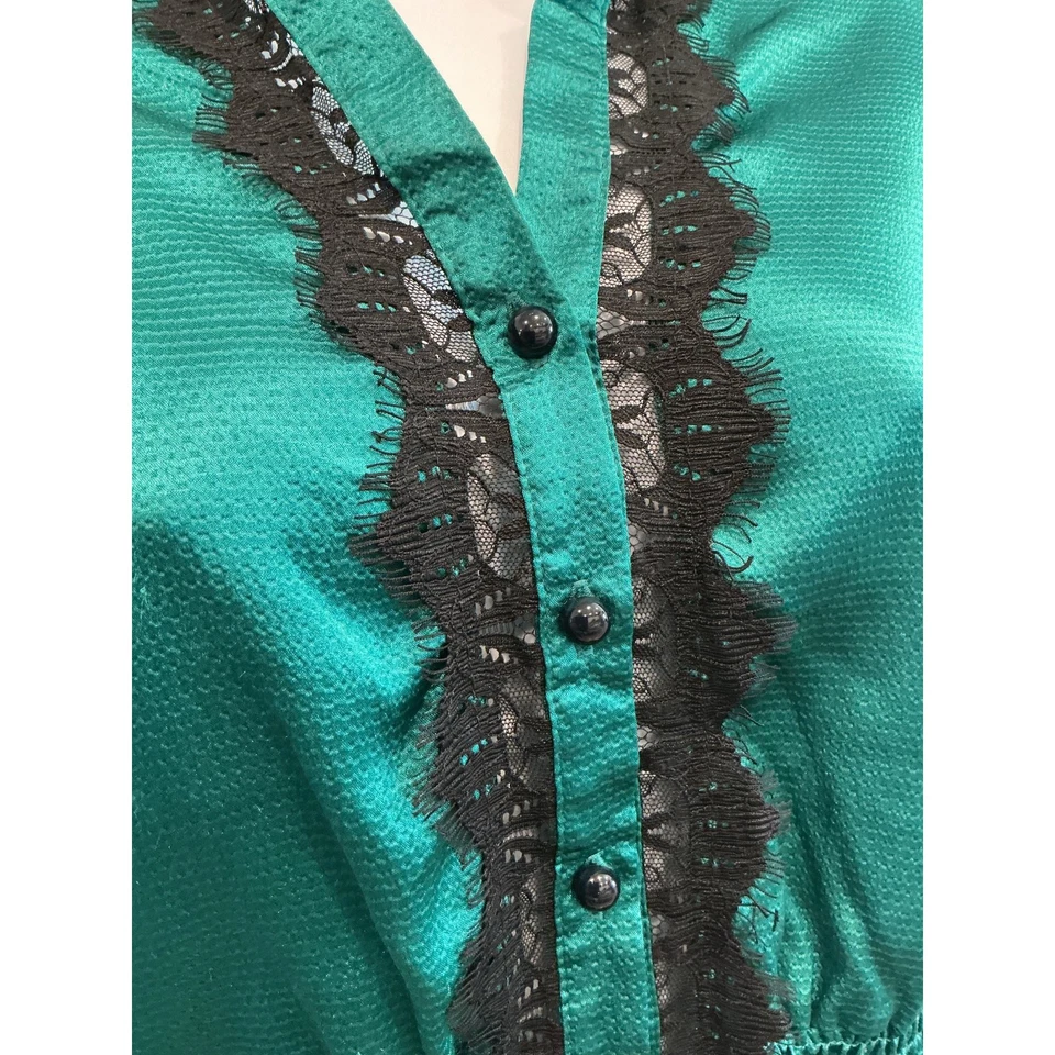 Vintage Womens Satin Y2K Babydoll Top Sz S Emerald Green Black Lace Whimsigoth - Image 2 of 4