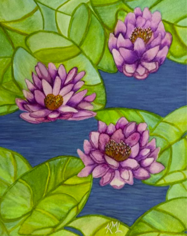 PAINTING WATERCOLOR 11X14 & WHITE MAT 16X20 FLOWER WATER LILY PINK PURPLE GREEN