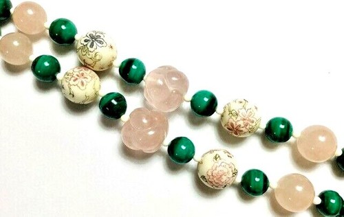 Handcrafted Vintage Malachite & Rose Quartz Beaded Necklace w/Carved Pendant - Picture 5 of 12