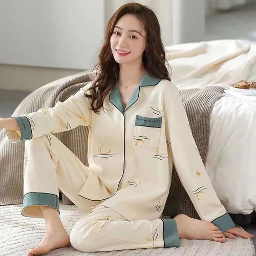 100% Cotton Women Pajama Set Soft Long Sleeve Pajamas Long Pants with Pockets - Bild 12 von 12