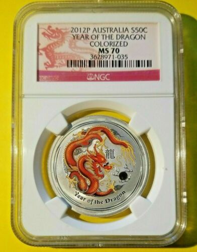 Australia 2012P 50 Cent Year of the Dragon NGC MS70 RARE Colorized Silver Coin - Afbeelding 1 van 3
