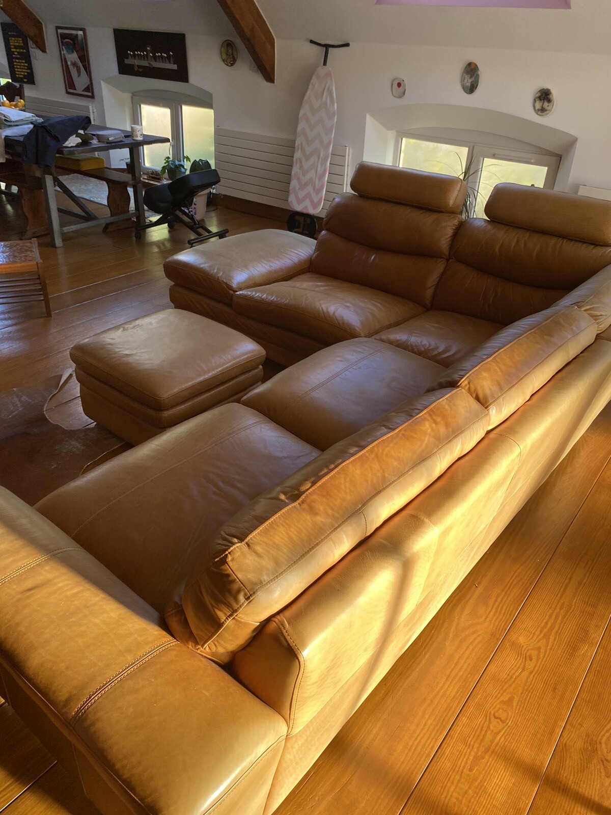 large tan leather corner sofa and footstool eBay