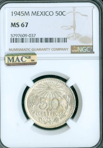 1945 MEXICO SILVER 50 CENTAVOS NGC MS67 PQ MAC SPOTLESS .