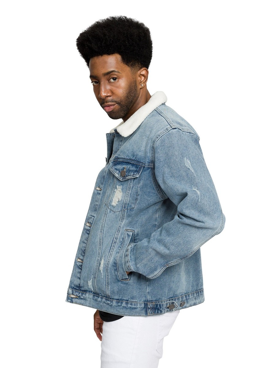 Victorious Men's Casual Distressed Sherpa Lined Collar Denim