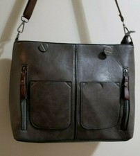 Womens Faux Leather Deep Dark Gray Shoulder Bag-NEW