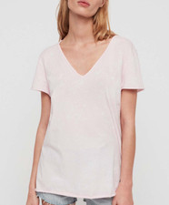 Image of All Saints Womens Pink Emelyn Splatter T Shirt Designer V-Neck Soft Cotton Tee