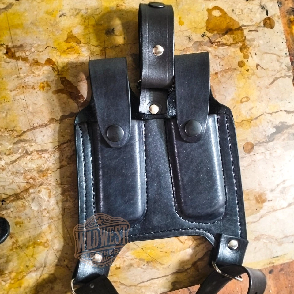 1911 Leather Horizontal Shoulder Holster with Dual Mag Pouch & Tie Down Straps. - Image 3 of 4