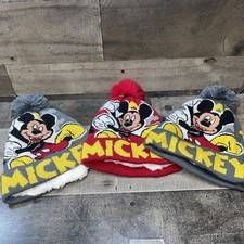 Lot of 3 Mickey Mouse Youth Beanies Red and Gray Pom Cold Weather Ready