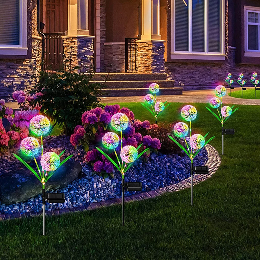 2 Pieces LED Solar Lights Outdoor Garden Stake Flower 3 Heads Lamp