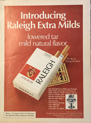 1974 Raleigh Extra Milds Cigarettes PRINT AD Lower Tar Natural Flavor VTG 1970s