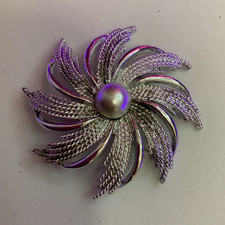 SarahCov Vintage Silver Tone Flower Brooch 2" Imitation Pearl Signed Brooch