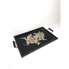 Rare Antique Large Mother of Pearl Rose tray with glass metal and wood brass