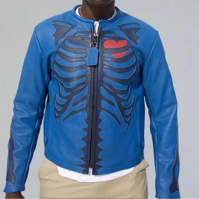 Van son Blue Navy Bone Wolverine Skeleton Cowhide Leather Motorcycle Jacket