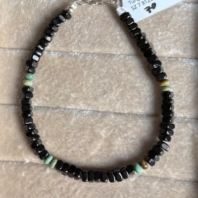 Tammy Nolcott Navajo Handmade Black Jet and Turquoise Bead Bracelet Size 7