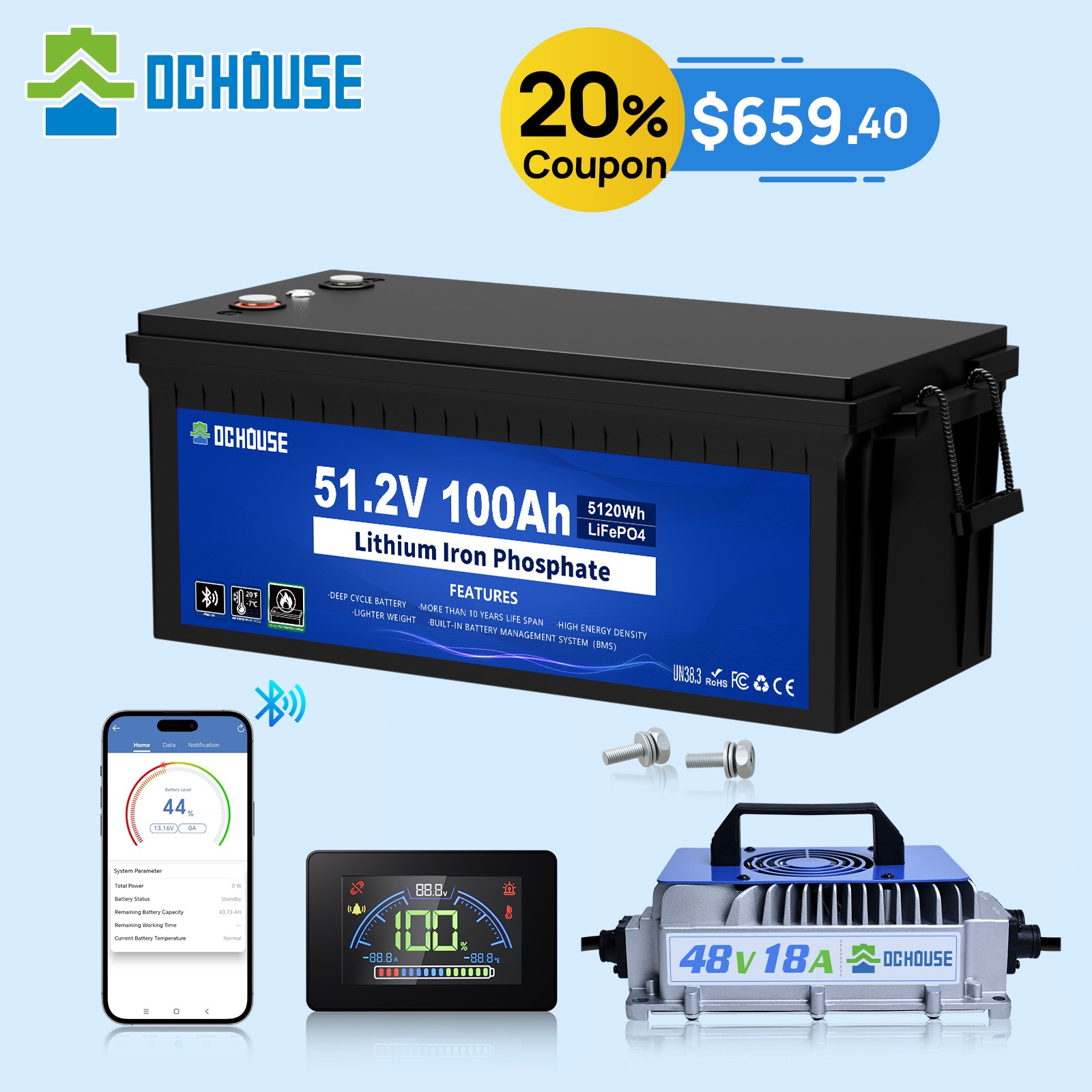 48V 100Ah Lithium  LiFePO4 Golf Cart Battery with 48V 18A Ch