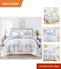 Chic Blue Flower King Quilt Set - Lightweight Reversible Design for Comfort