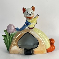 Japanese Lustreware Ashtray Cat Playing Guitar With Flower