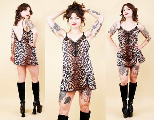 80s Vtg Leopard Print Nylon Lingerie Black Lace Baby Doll Mini Dress Punk tag M
