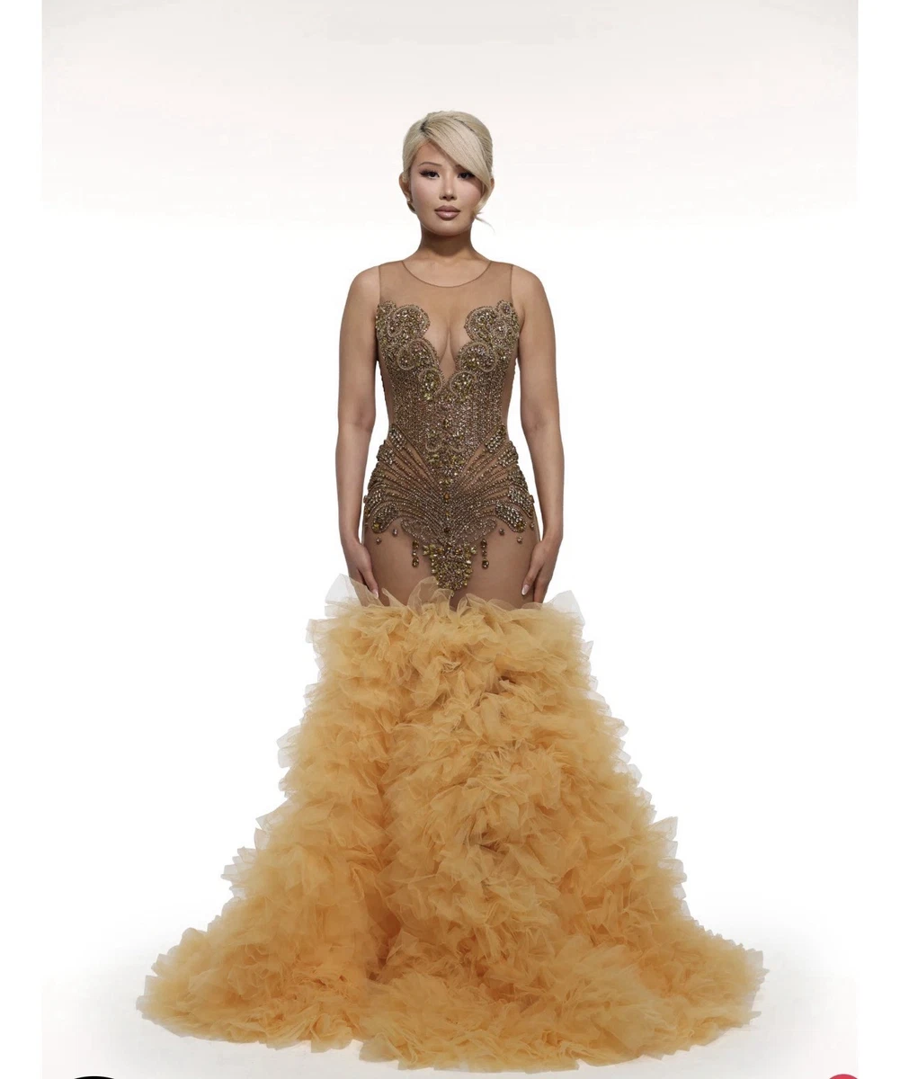 slim fit dress slacks A-Line V-Neck Backless Gold Tulle Homecoming Dress with Appliques US8 / As Picture
