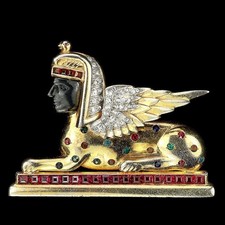 Dujay Gold Pave Black Enamel and Invisibly Set Rubies Winged Egyptian Sphinx Pin