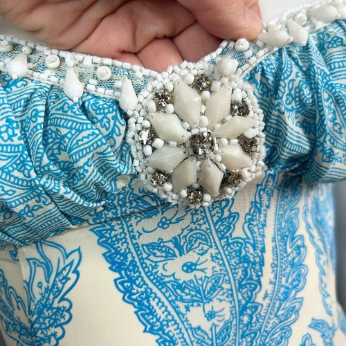 Tracy Reese dress size 2 Y2K maxi slip beaded corset cream blue silk vtg Mermaid - Picture 6 of 14