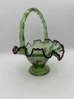 Fenton Green Art Glass Basket Hand Painted Floral Purple Crest Signed S Batten