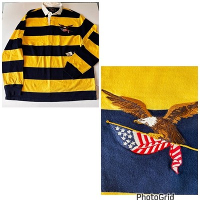 American Living Mens XL Rugby Shirt Cotton Navy Yellow Striped Eagle Flag NWT