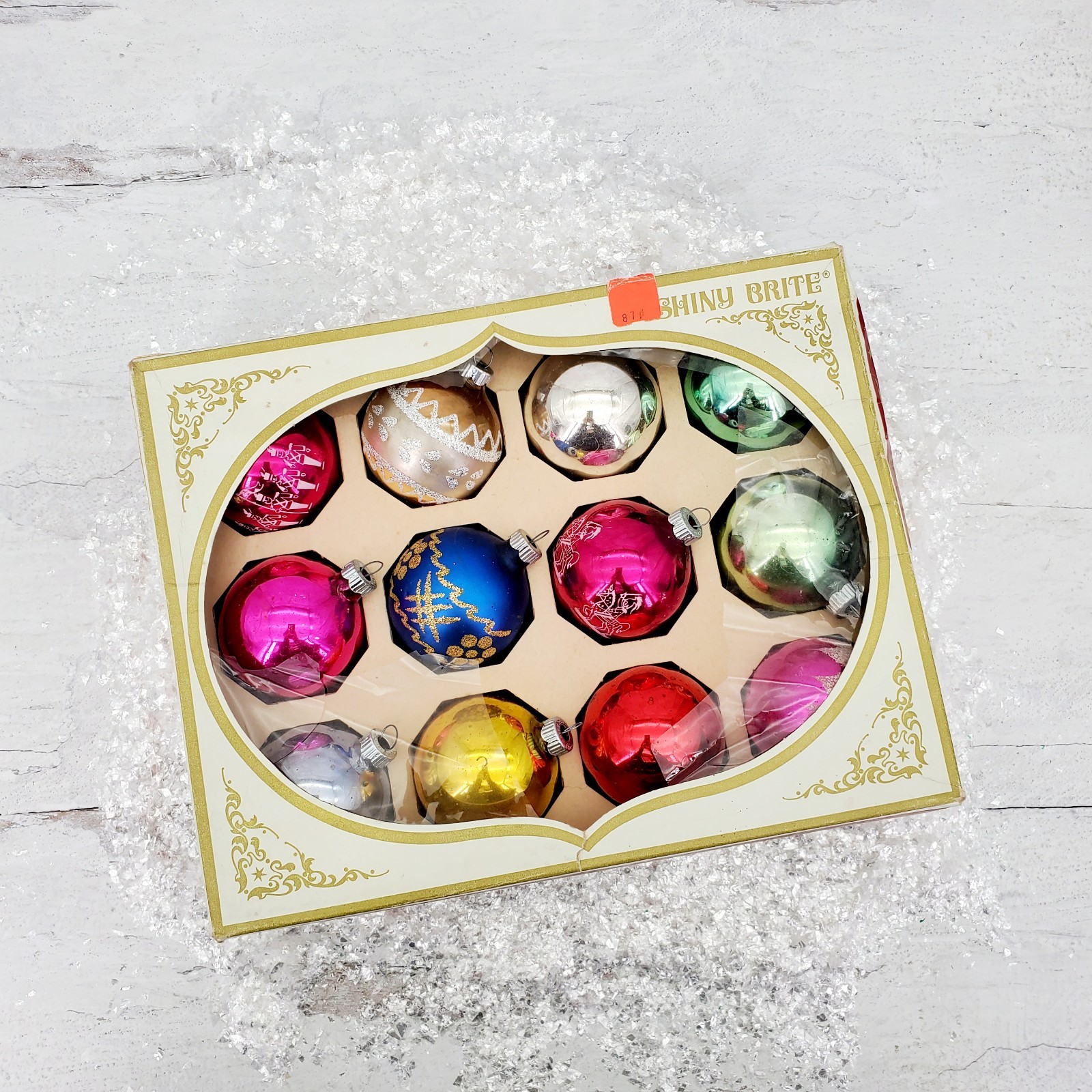 Vintage Shiny Brite USA Muticolored Stenciled Mercury Glass Ornaments in Box