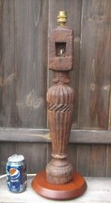 Vintage Up-Cycled Tall Rustic Carved Oak Wood Table Lamp Base Farming Industrial