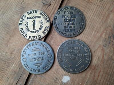 4 BRASS BROTHEL TOKENS SHADDY MILTS RED DOG SALOON KIITYS KAT HOUSE HAPS BATH