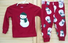 GYMBOREE cranberry red SNOWMAN 2 piece pajama set sz 12M to 18 months 12-18 mos