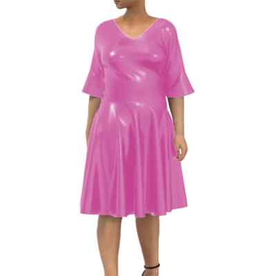 Flare Sleeve Summer Dress Glossy PVC Leather V Neck Back Zipper Midi Dress 