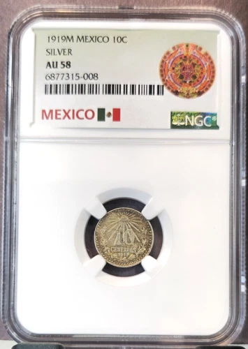 1919 MEXICO SILVER 10 CENTAVOS NGC AU 58 SCARCE KEY DATE NICE ORIGINAL COIN
