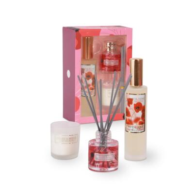 Heart & Home WITH LOVE Geschenkset Spray, Diffusor & Mini Kerze Mohnblütenblatt, Bernstein