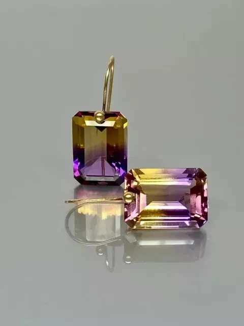3Ct Emerald Cut Lab Created Ametrine Drop Dangle Earrings 14K Yellow Gold Plated - Image 2 of 4
