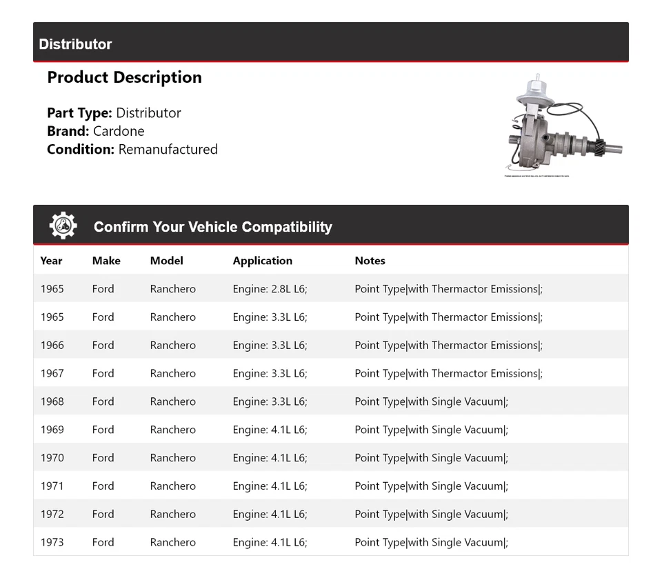 Para Ford Ranchero 1965-1973 Distribuidor Cardone 1966 1967 1968 1969 1970 1971 Foto 2 de 4