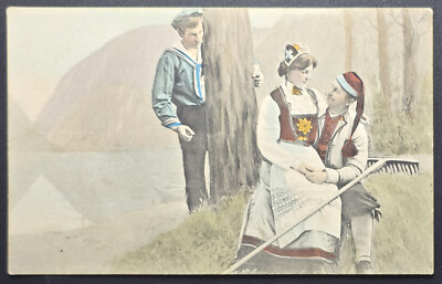 1906 Norway Mittet Postcard Folk Costume Courting Scene Hand Tinted Fjord