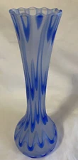 Blue Swirled Ribbed Satin Glass Vase 9.65” in Style of Kew Blas Art Glass