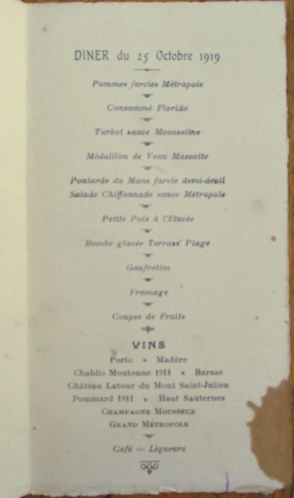 Menu French 1919 Wedding Engraved Wine List Chablis Montonne Pommard 1911