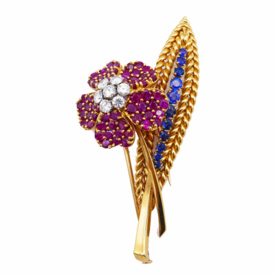 French Vintage BROOCH Wild Rose Clip Pin 18k Gold Estate Jewelry