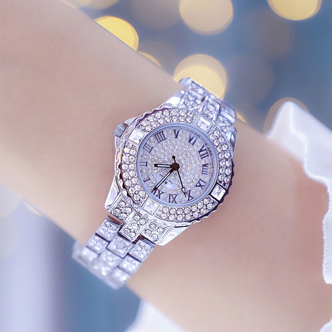 Full Diamond Luxury Women Watch Round Face Stylish Silver Women's